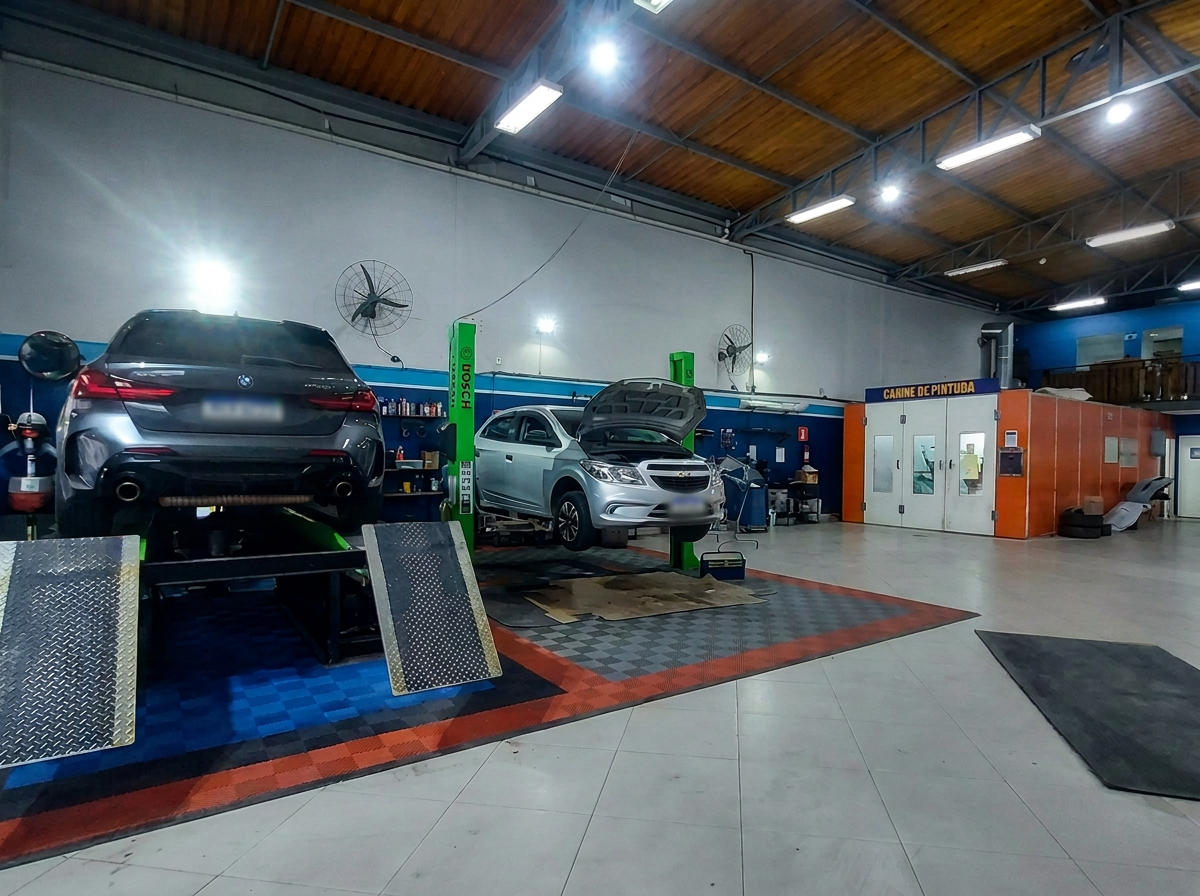 Área interna da Oficina Car Júnior com elevadores e veículos em manutenção